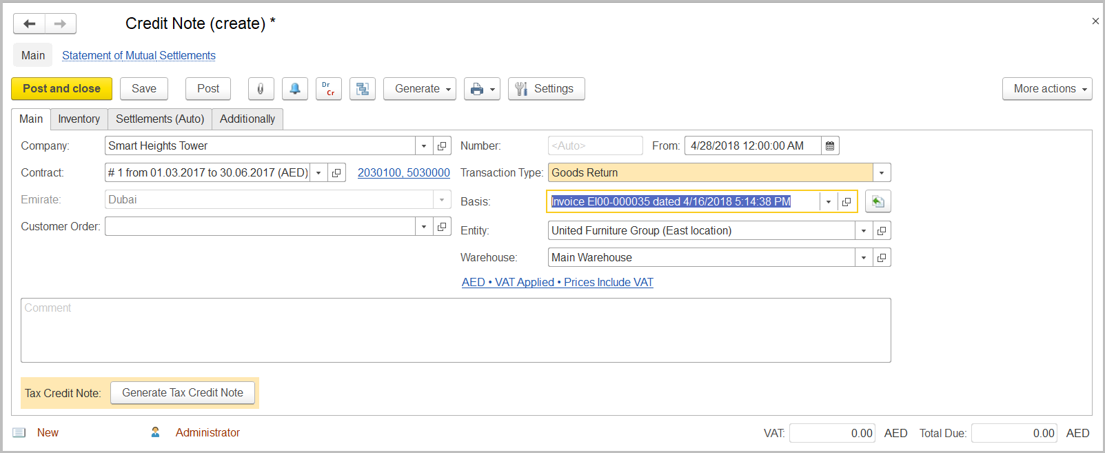 FirstBit User Guide > Case 2. An advance payment resulted from customer return (invoice adjustment) > image2019-12-17_12-46-41.png