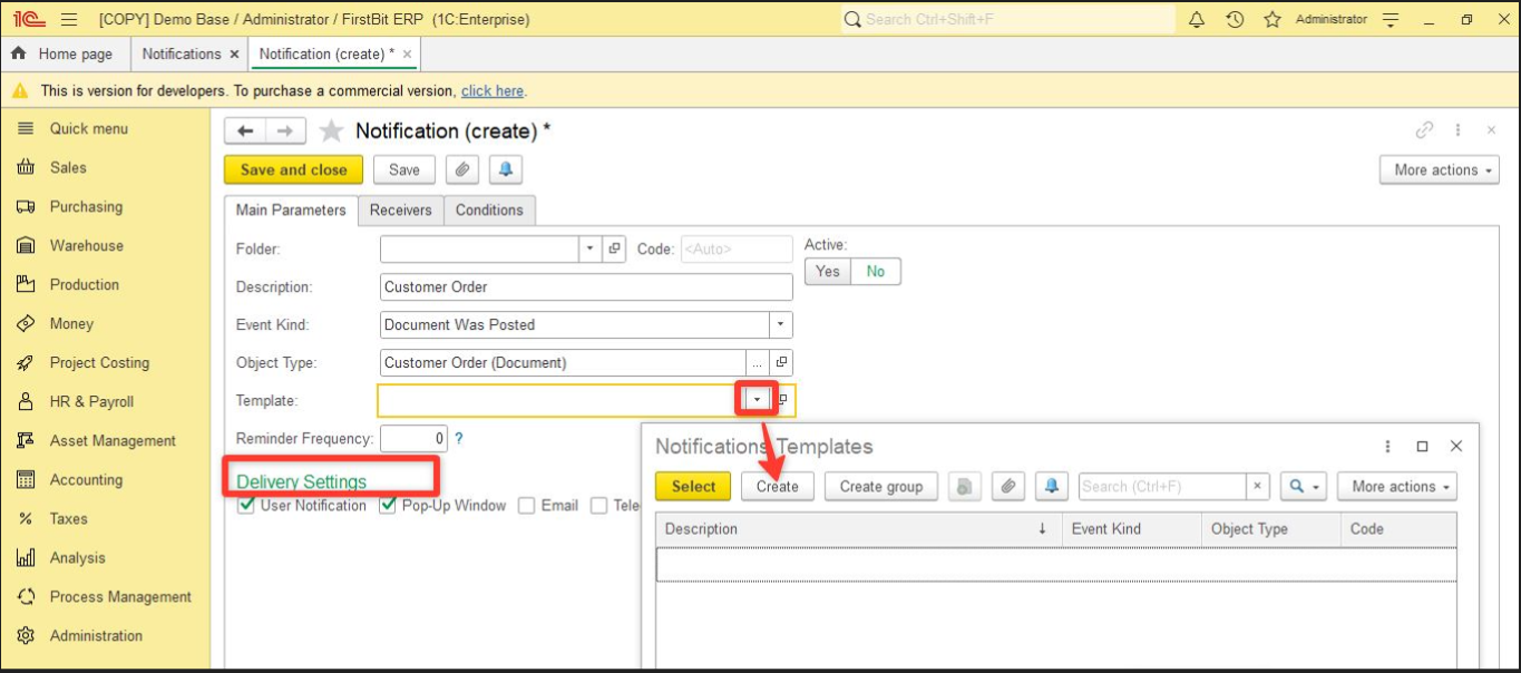 Automatic pop-up notifications (messages about events, tasks) set up ...